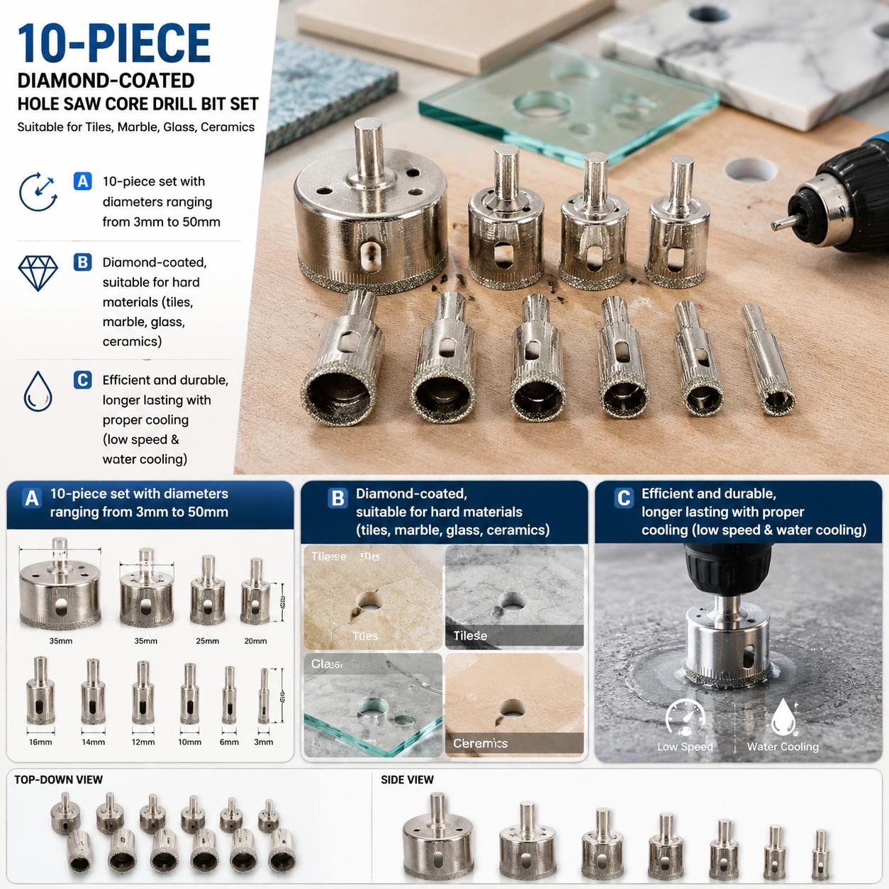 Reciprocating Saw Attachment Drill - Diamantgecoate boorbitsset, 10 stuks, premium gatenzaag-