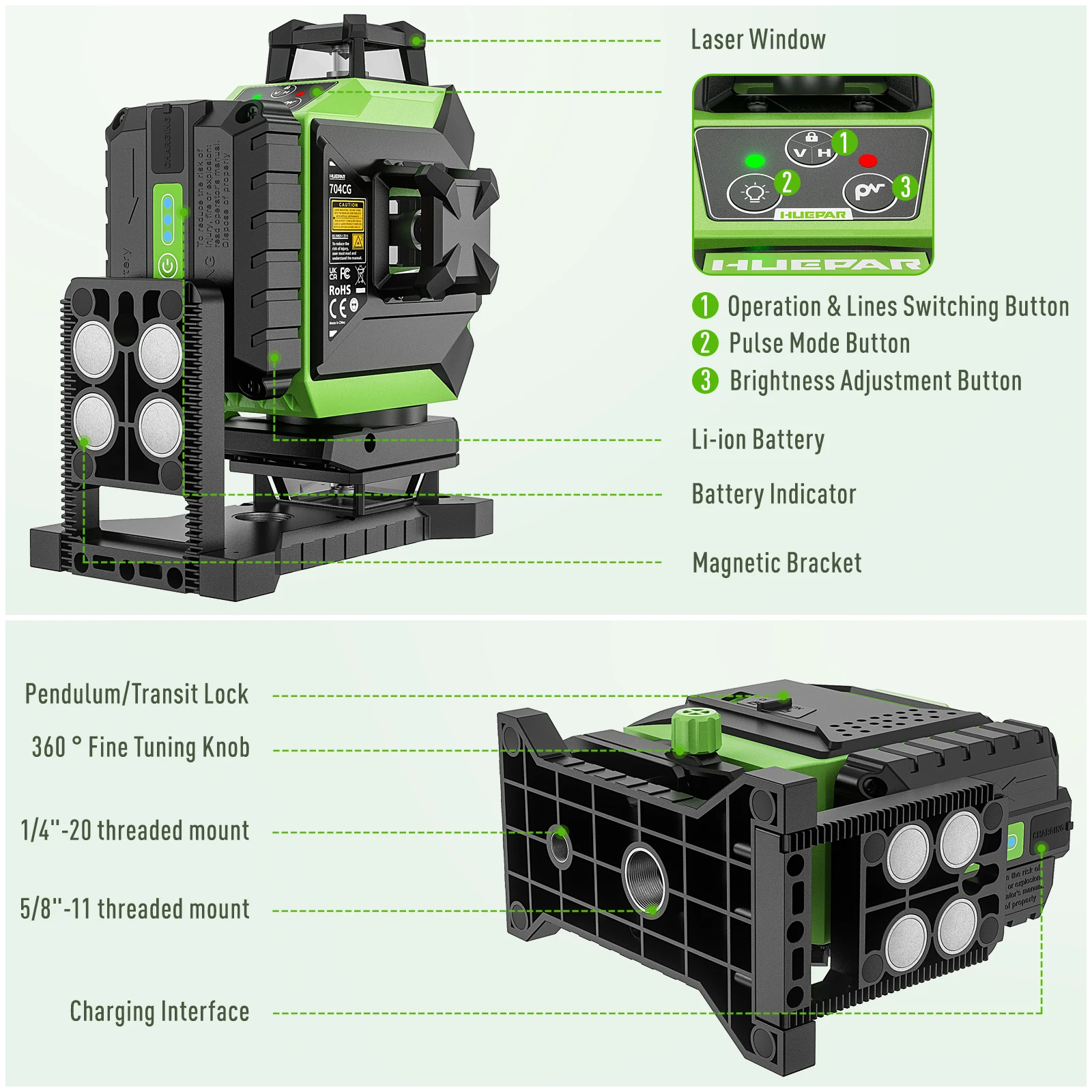 Laser Level 16 Lines 4D Green - Huepar 704CG Digitale 4D 16-Lijn Laserinstrument