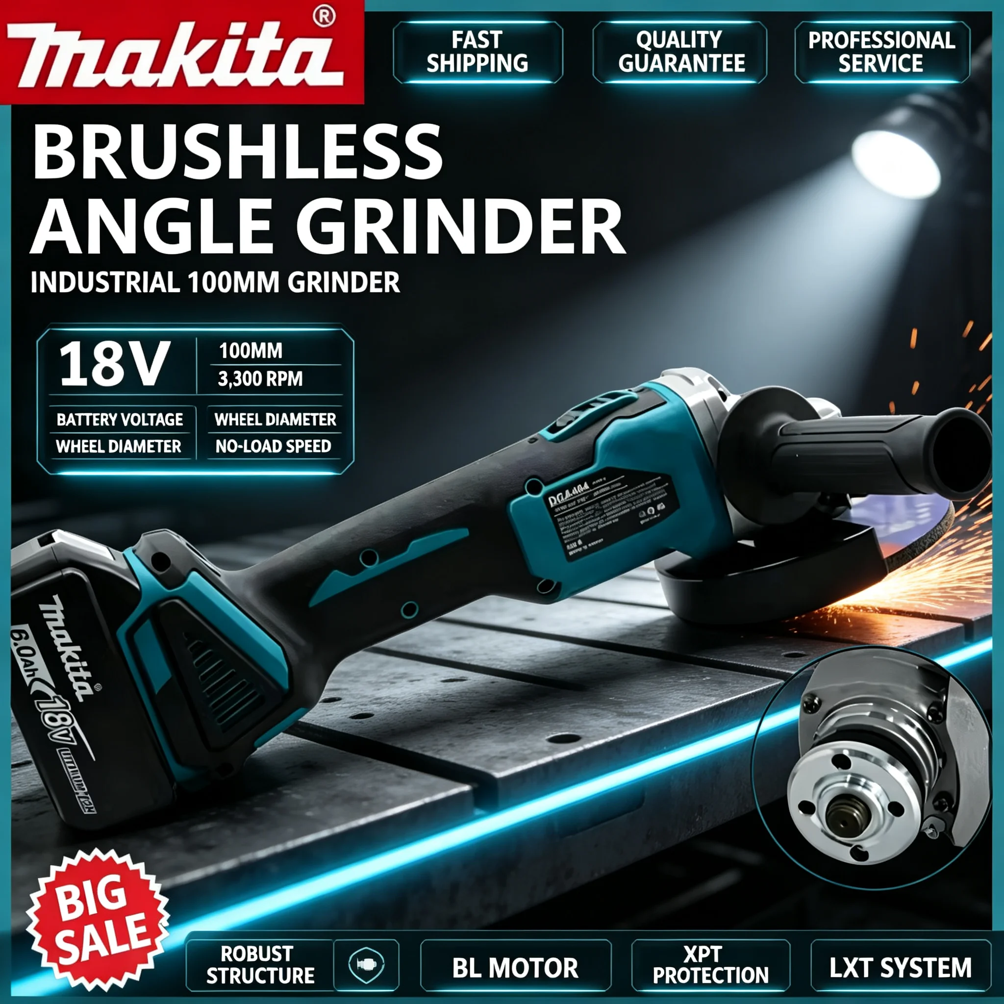 Brushless Angle Grinder Battery Powered - 100 mm krachtige Makita DGA404 haakse